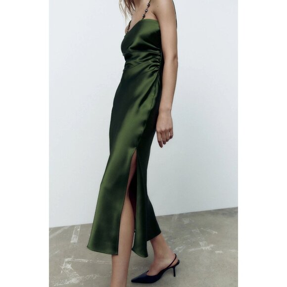 Zara Midi Satin Slip Dress Jewel Straps Ruched Party Fall Moss Green XS - Picture 12 of 14